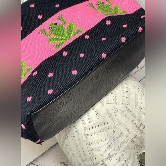 Needlepoint & Leather Tote Handbag w/Frogs - Picture 4 of 9